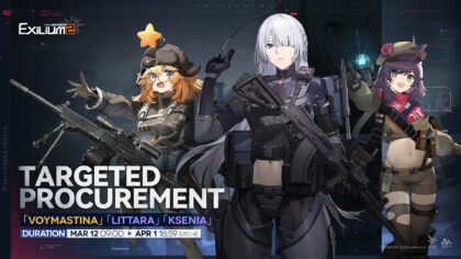Targeted Procurement banner in Girls' Frontline 2: Exilium featuring Voymastina, Littara, and Ksenia available from March 12 to April 1.