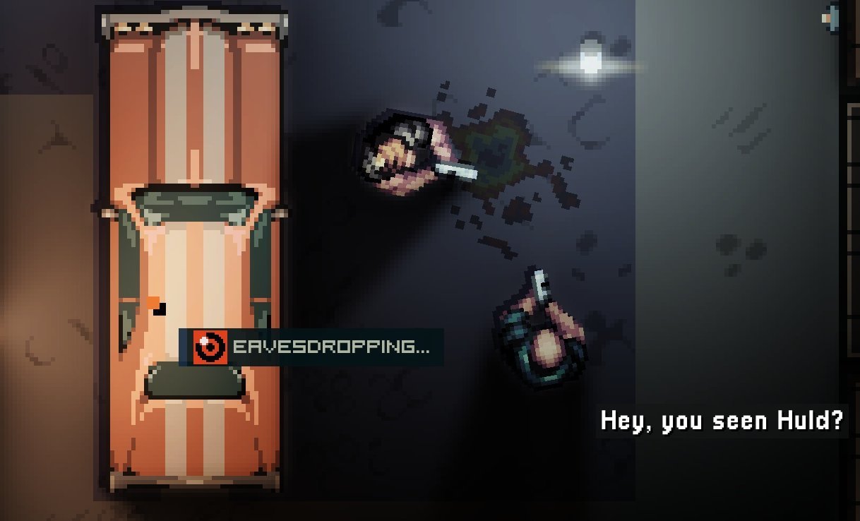 Intravenous 3 development updates showing the eavesdropping mechanic in a top-down view.