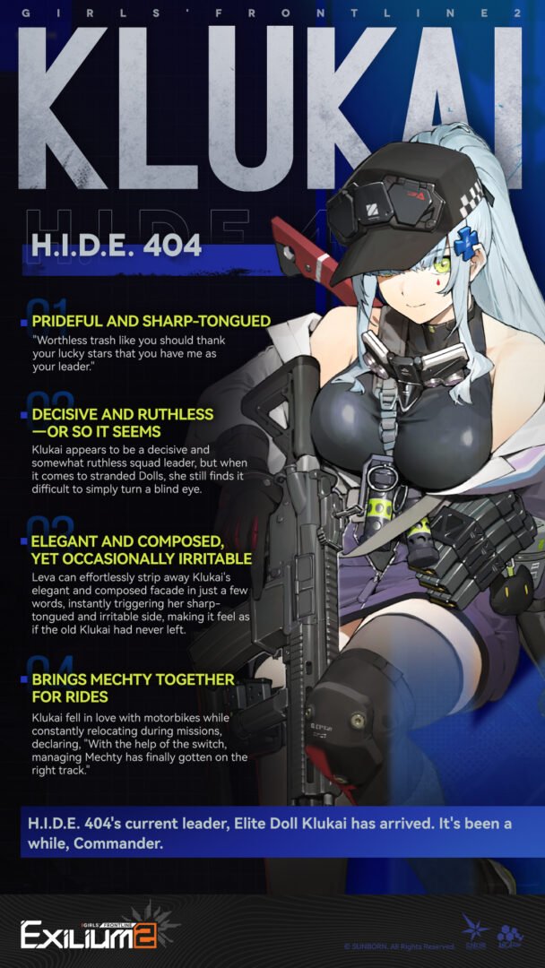 Detailed character profile for Klukai (HK416) in our Klukai Peritya guide highlighting her leader traits.