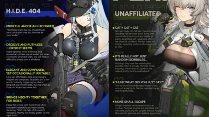 A split vertical character profile visual showing Klukai and Peritya for the Klukai Peritya GFL2 guide.