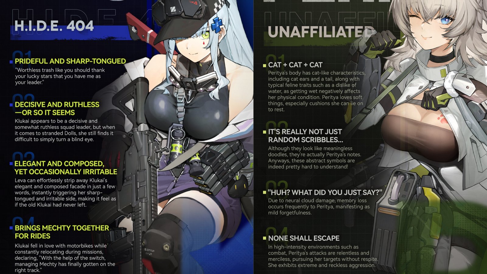 A split vertical character profile visual showing Klukai and Peritya for the Klukai Peritya GFL2 guide.