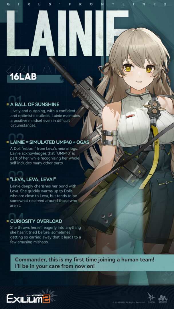 Detailed character profile for Lainie in our Lainie GFL2 guide highlighting her 16LAB and curiosity traits.