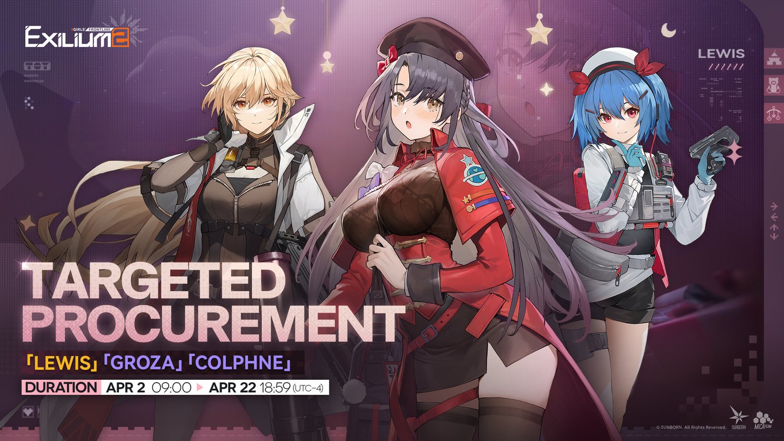 The official Lewis, Groza, and Colphne targeted procurement rerun banner from the GFL2 guide.