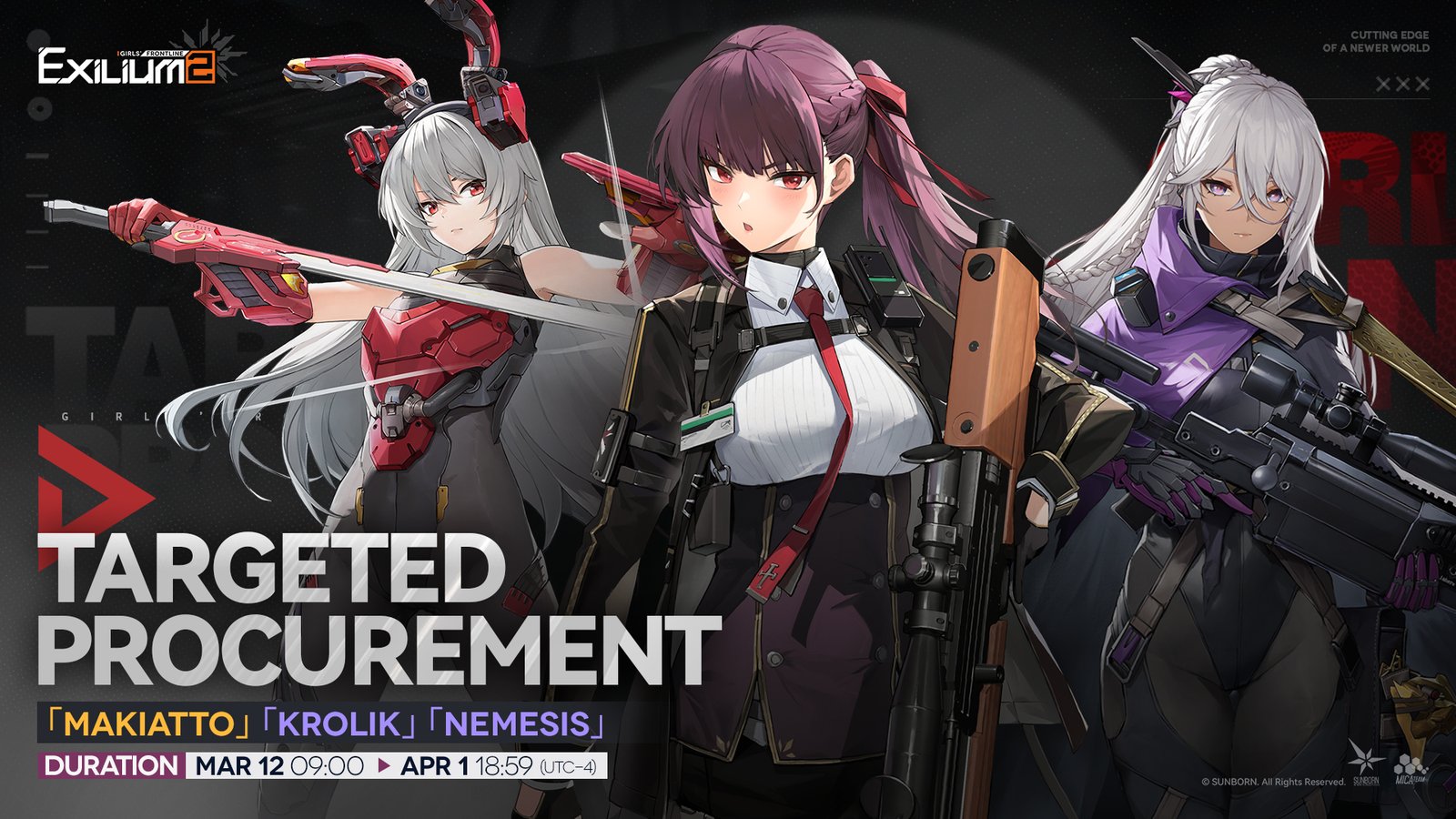 The official Makiatto, Krolik, and Nemesis targeted procurement rerun banner from the Voymastina GFL2 guide.