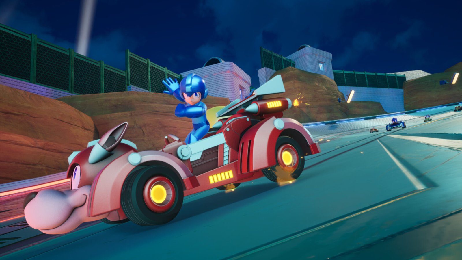 Mega Man driving the Rush Roadstar in the Sonic Racing: CrossWorlds Mega Man Pack.