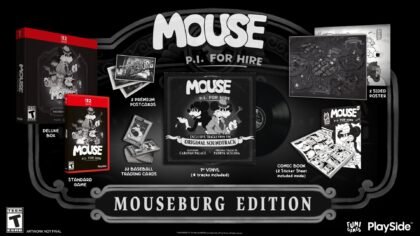 MOUSE: P.I. for Hire physical editions displayed through the Mouseburg Edition including a vinyl record and comic book.