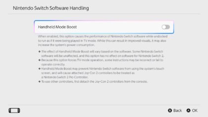 A system settings screenshot showing the Nintendo Switch Update 22.0.0 Handheld Mode Boost toggle on a Nintendo Switch 2.