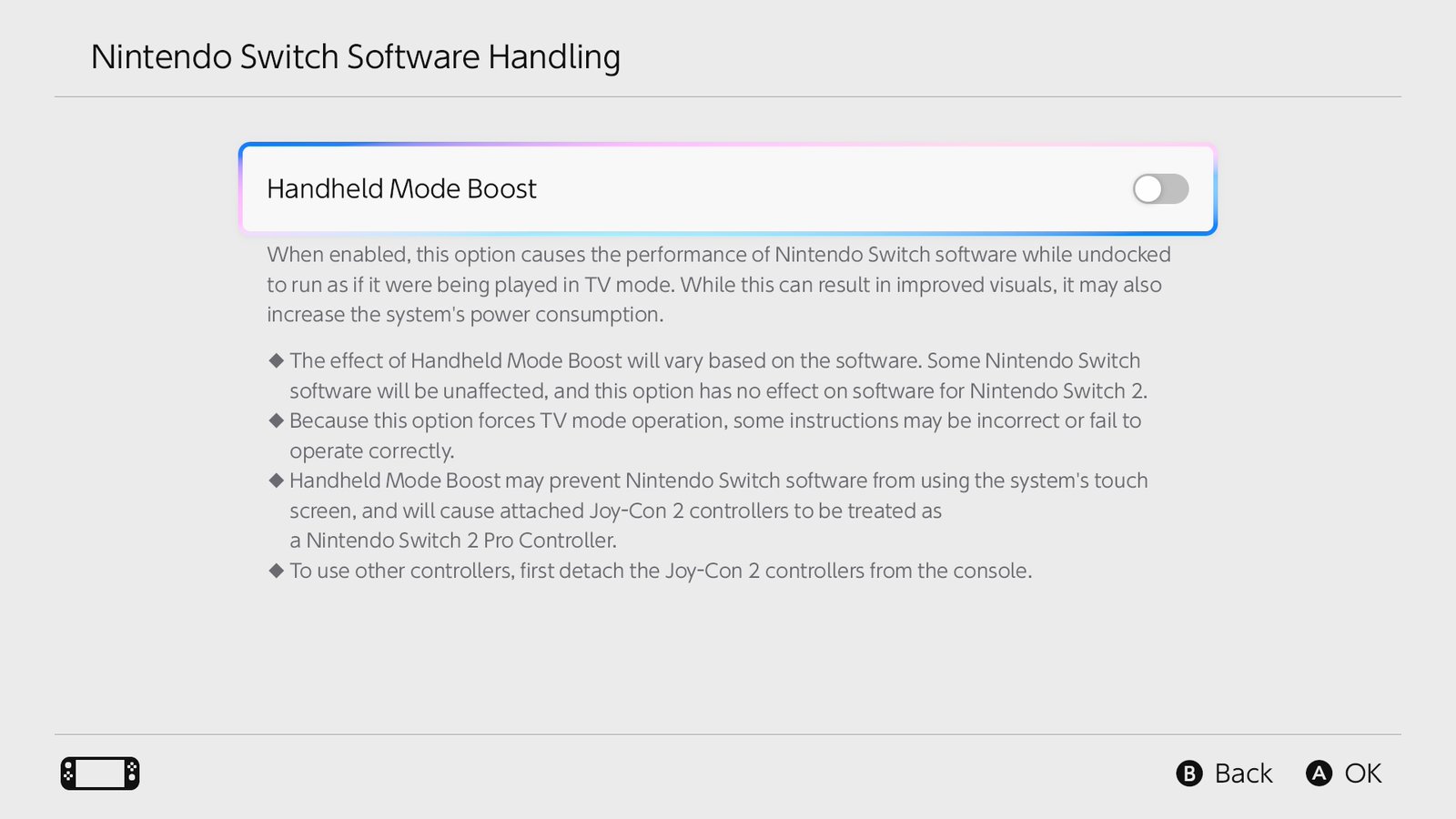 A system settings screenshot showing the Nintendo Switch Update 22.0.0 Handheld Mode Boost toggle on a Nintendo Switch 2.