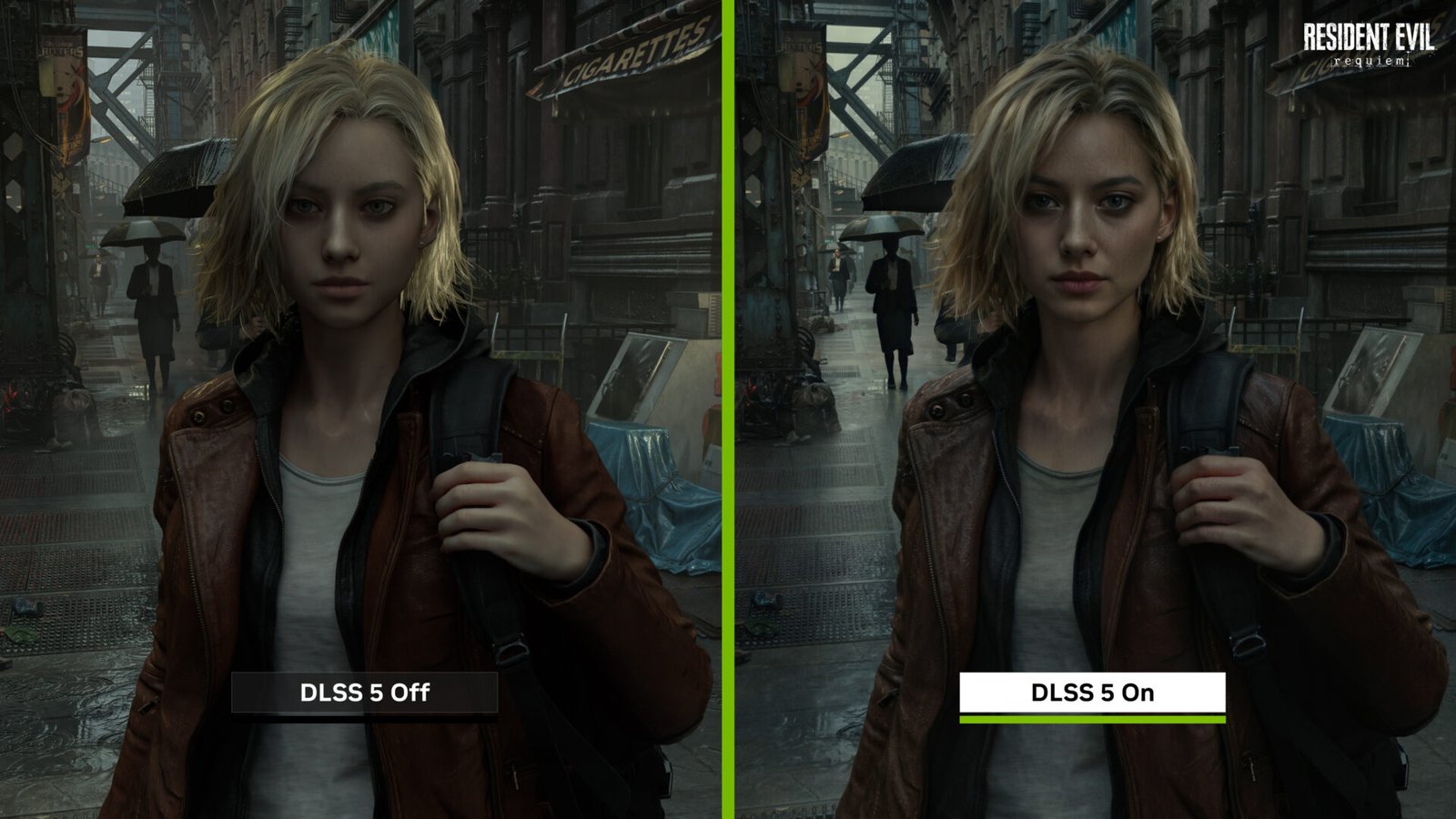 A side-by-side comparison of Nvidia DLSS 5 announced rendering in Resident Evil Requiem showing the "DLSS 5 Off" and "DLSS 5 On" modes.