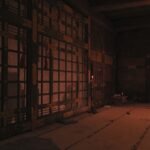 A dark traditional Japanese corridor with blood splatters on the tatami mats and eerie shadows cast on shoji screens from the Underground Laboratory stage reveal.