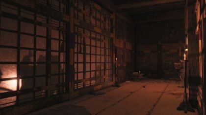 A dark traditional Japanese corridor with blood splatters on the tatami mats and eerie shadows cast on shoji screens from the Underground Laboratory stage reveal.