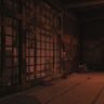 A dark traditional Japanese corridor with blood splatters on the tatami mats and eerie shadows cast on shoji screens from the Underground Laboratory stage reveal.