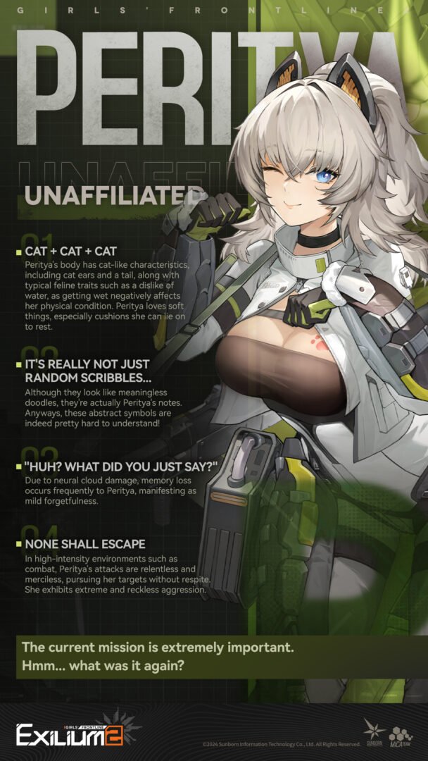 Detailed character profile for Peritya in our Klukai Peritya GFL2 guide highlighting her cushion loving fighter traits.