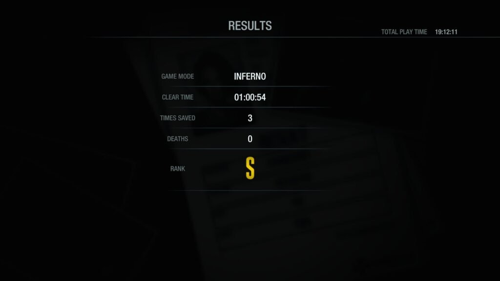 The results screen for Resident Evil 3 (2020) showing an S-Rank on Inferno difficulty with a clear time of one hour and fifty-four seconds.