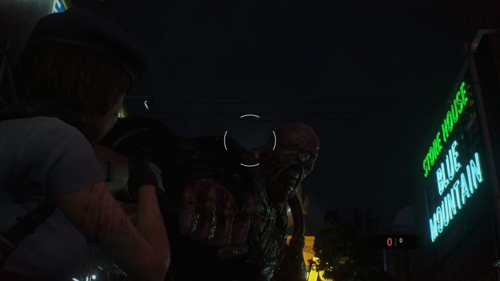 A close-up combat encounter where Jill Valentine aims her weapon at Nemesis under a glowing "Blue Mountain" neon sign.