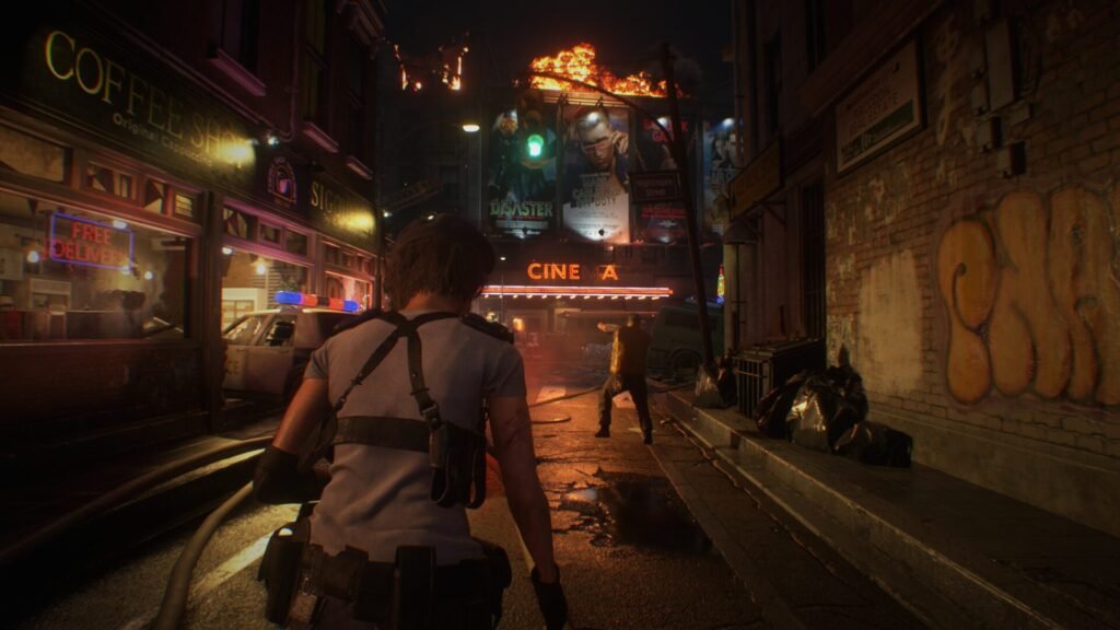 Jill Valentine overlooking a burning Raccoon City street at night with neon signs for a coffee shop and cinema.