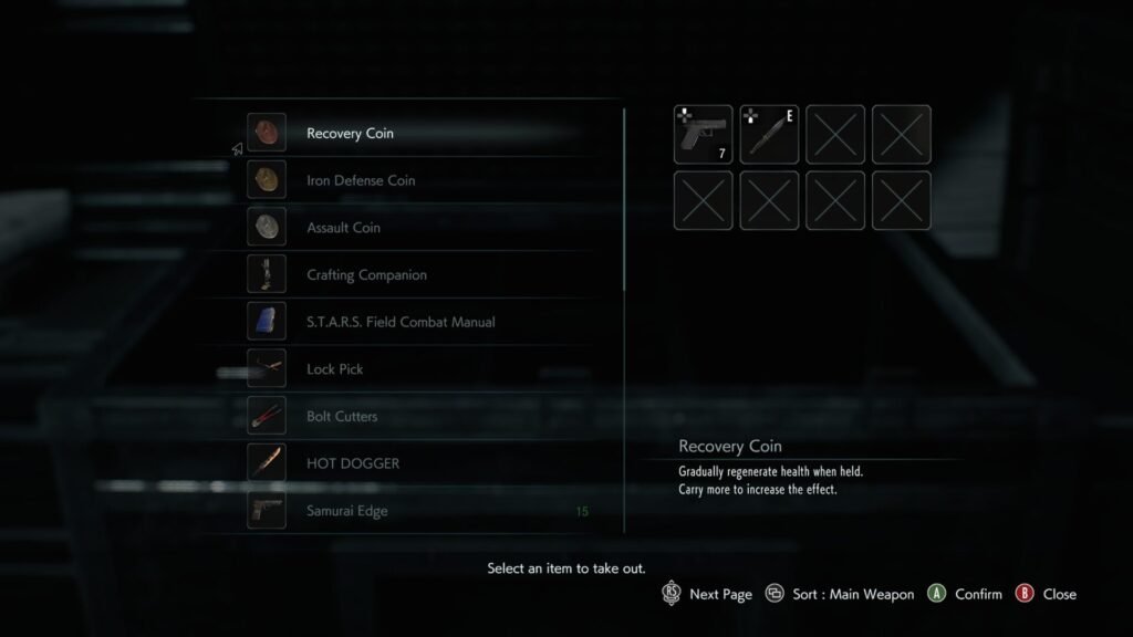 The item box menu in Resident Evil 3 (2020) showing various unlockable coins, the HOT DOGGER knife, and the Samurai Edge.