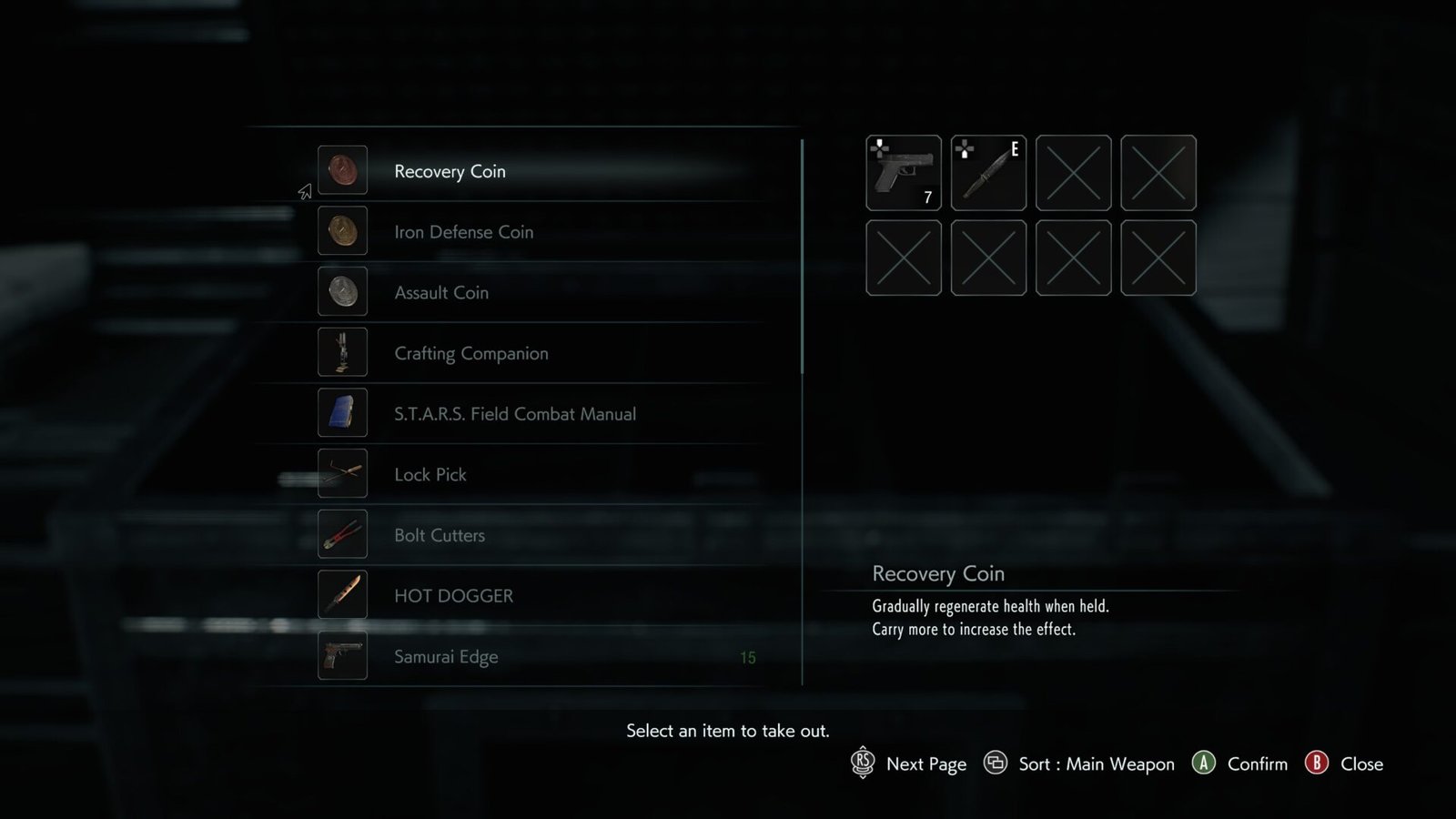 The item box menu in Resident Evil 3 (2020) showing various unlockable coins, the HOT DOGGER knife, and the Samurai Edge.