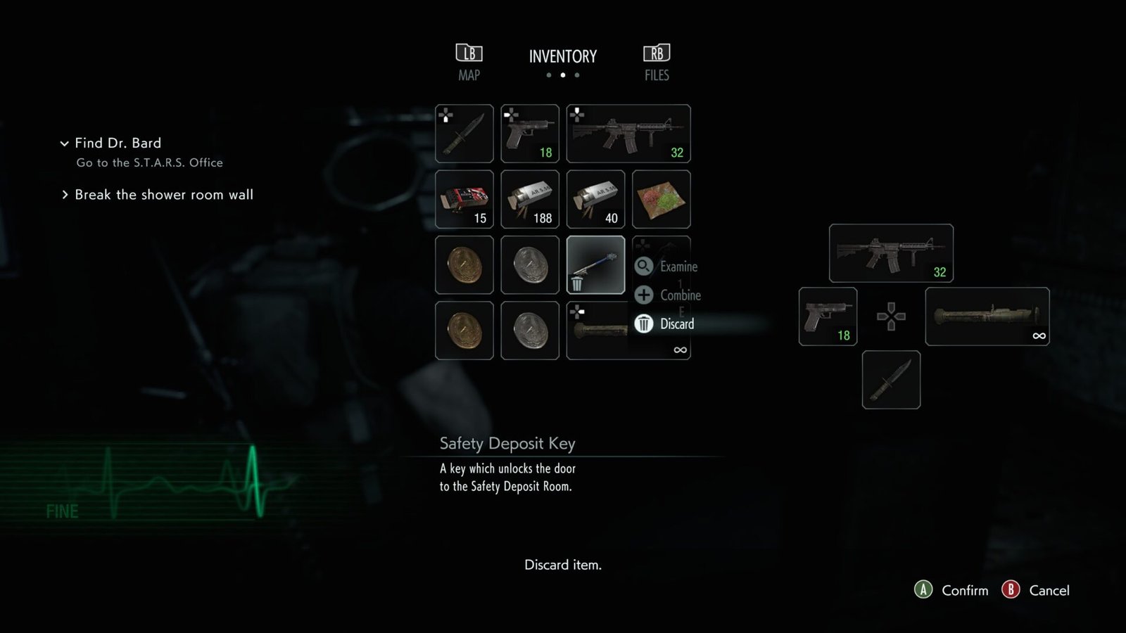 The inventory menu showing the Safety Deposit Key being discarded, alongside an infinite rocket launcher and modifier coins.