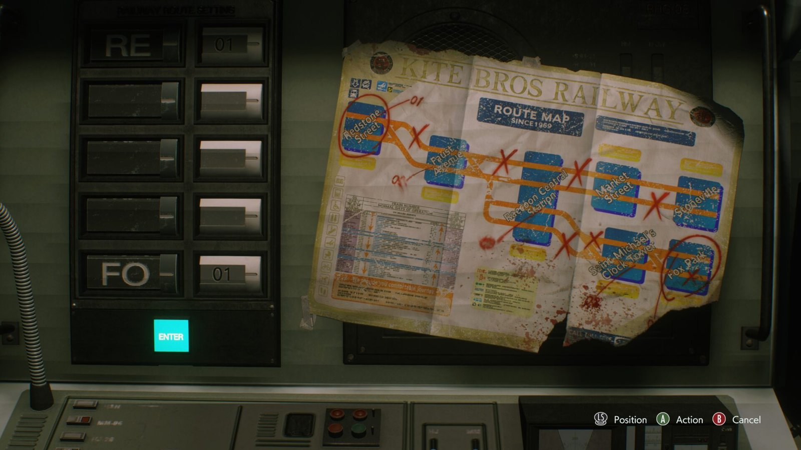 The railway route setting puzzle in Resident Evil 3 (2020) featuring the Kite Bros Railway map and station codes.