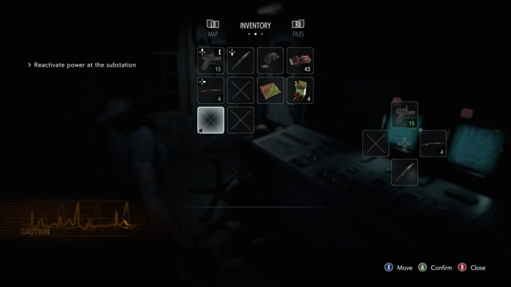 The inventory screen showing Jill’s health status as a yellow "CAUTION" heart rate monitor.