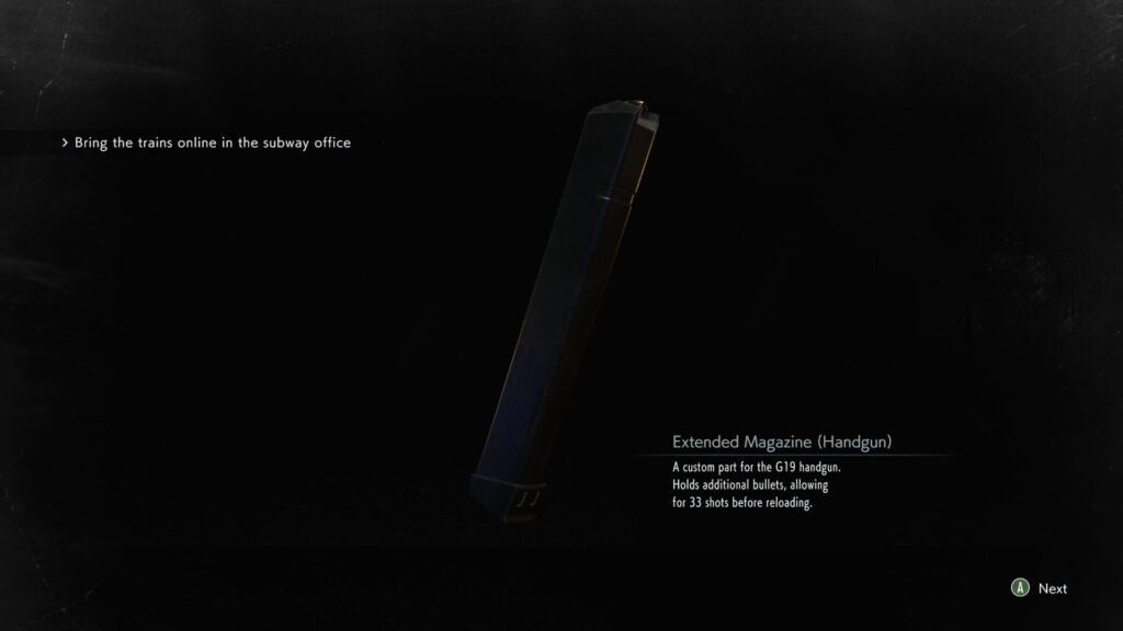 An extended magazine weapon part for the G19 handgun shown in the inspection menu of Resident Evil 3 (2020).