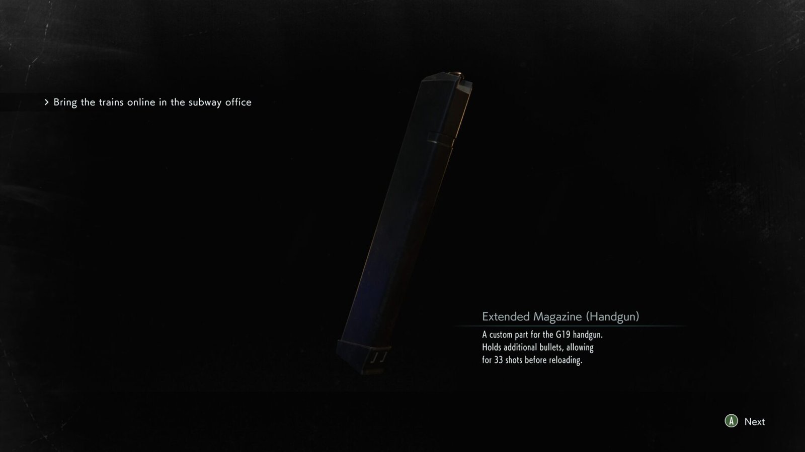 An extended magazine weapon part for the G19 handgun shown in the inspection menu of Resident Evil 3 (2020).