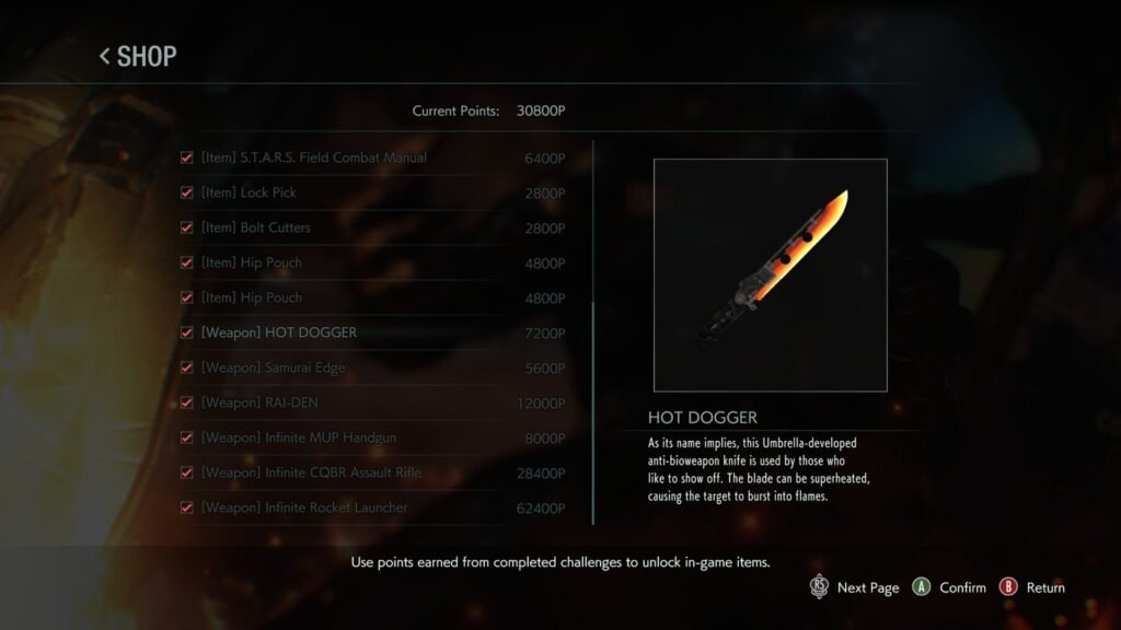 The point-buy shop menu in Resident Evil 3 (2020) featuring the HOT DOGGER knife and a list of infinite weapon unlocks.