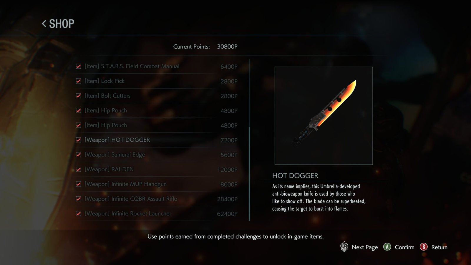 The point-buy shop menu in Resident Evil 3 (2020) featuring the HOT DOGGER knife and a list of infinite weapon unlocks.