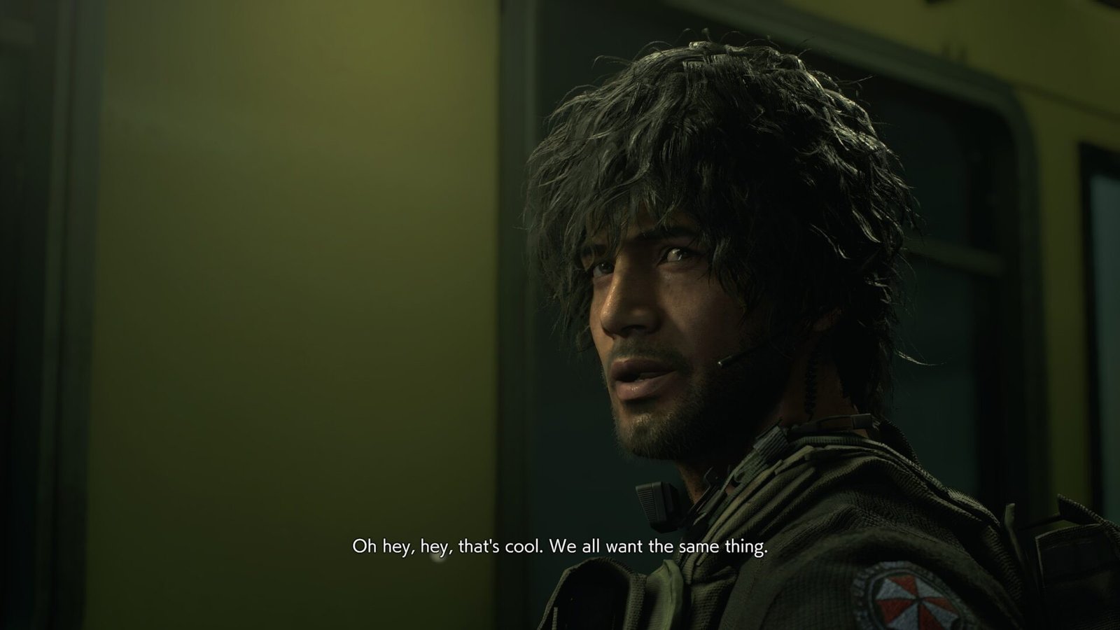 A close-up cinematic shot of Carlos Oliveira speaking during a story cutscene in Resident Evil 3.