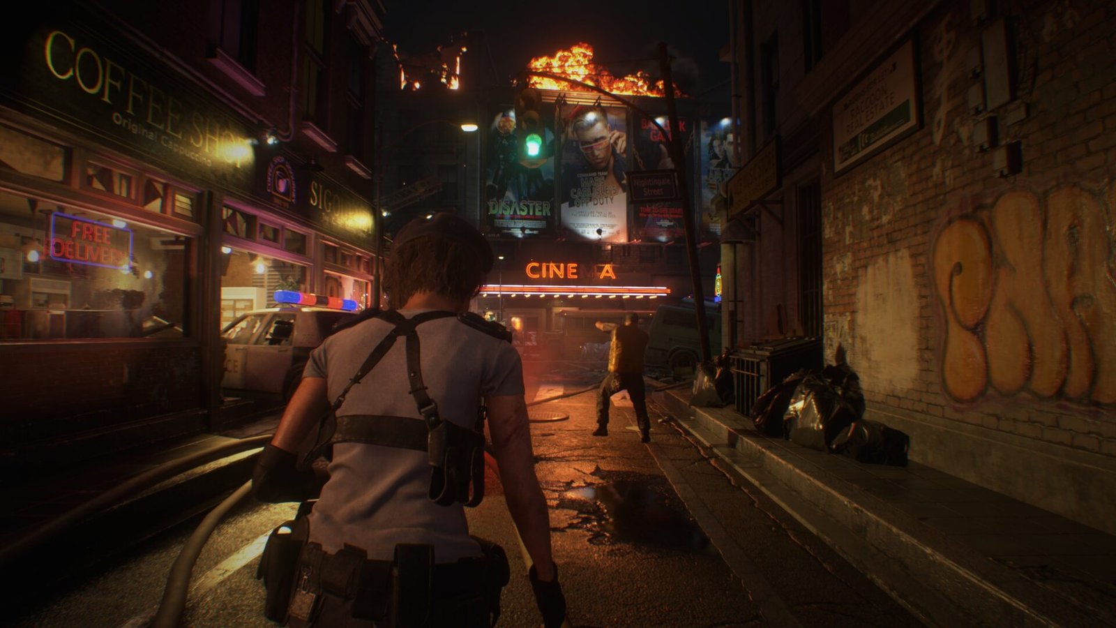 Jill Valentine navigating the burning downtown streets of Raccoon City.