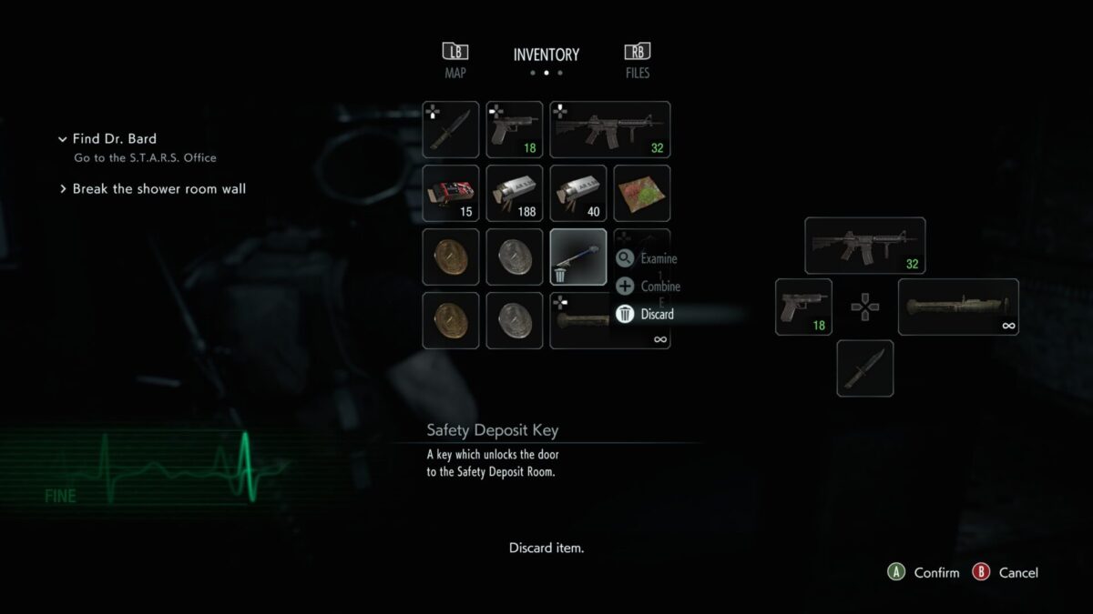 The inventory menu showing the prompt to discard the Safety Deposit Key.