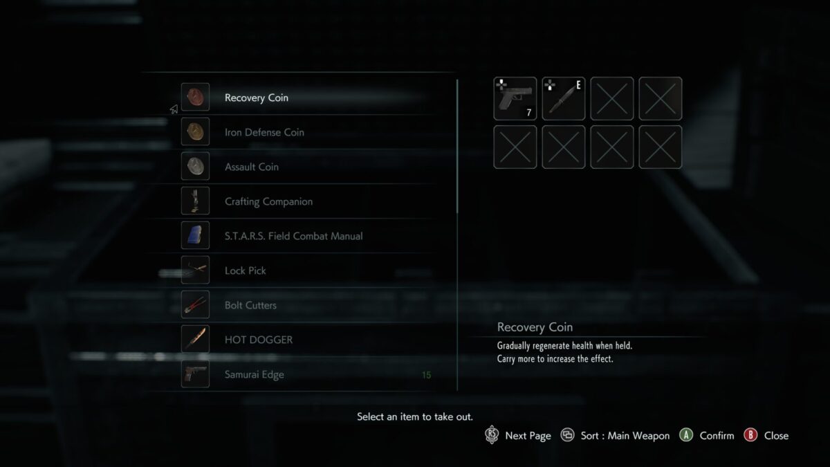 The item box storage menu displaying various survival tools and the Recovery Coin.