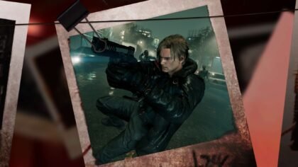 Leon Kennedy appears in a detailed close-up shot captured with the Resident Evil Requiem photo mode.