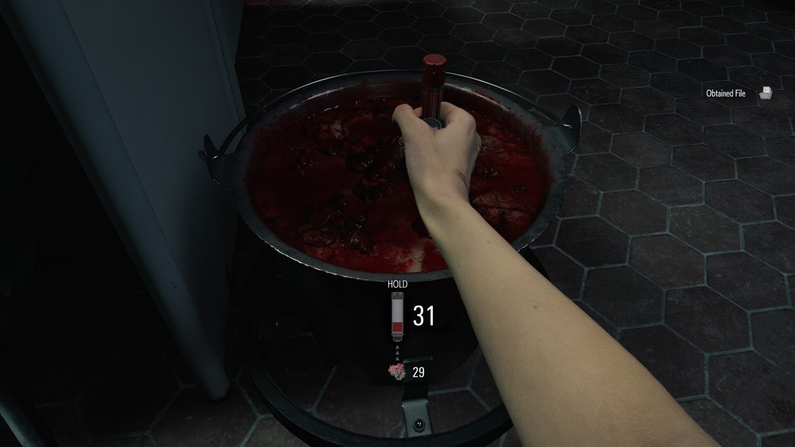 Harvesting infected blood from a container in a Resident Evil Requiem review.