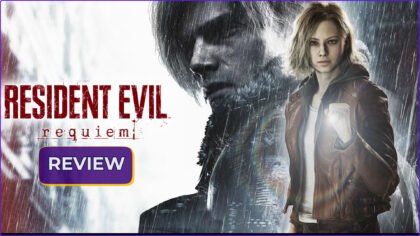 Resident Evil Requiem review hero art showing Leon Kennedy and Grace Ashcroft.