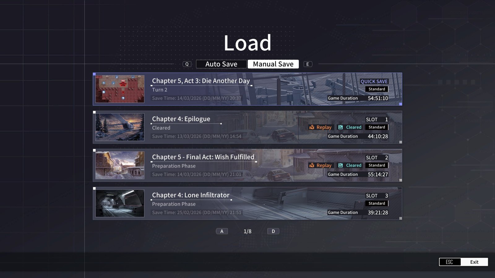 A load game screen with 55 hours played from a Reverse Collapse: Code Name Bakery review.