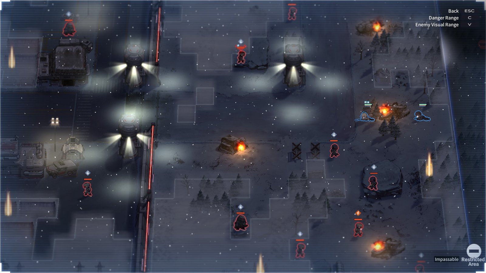 A night mission map with searchlights and enemy vision cones in a Reverse Collapse: Code Name Bakery review.