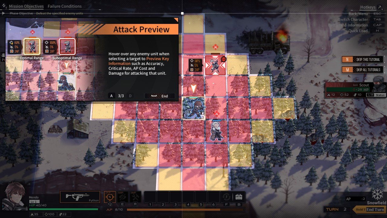 The action point and attack preview interface in Reverse Collapse: Code Name Bakery.