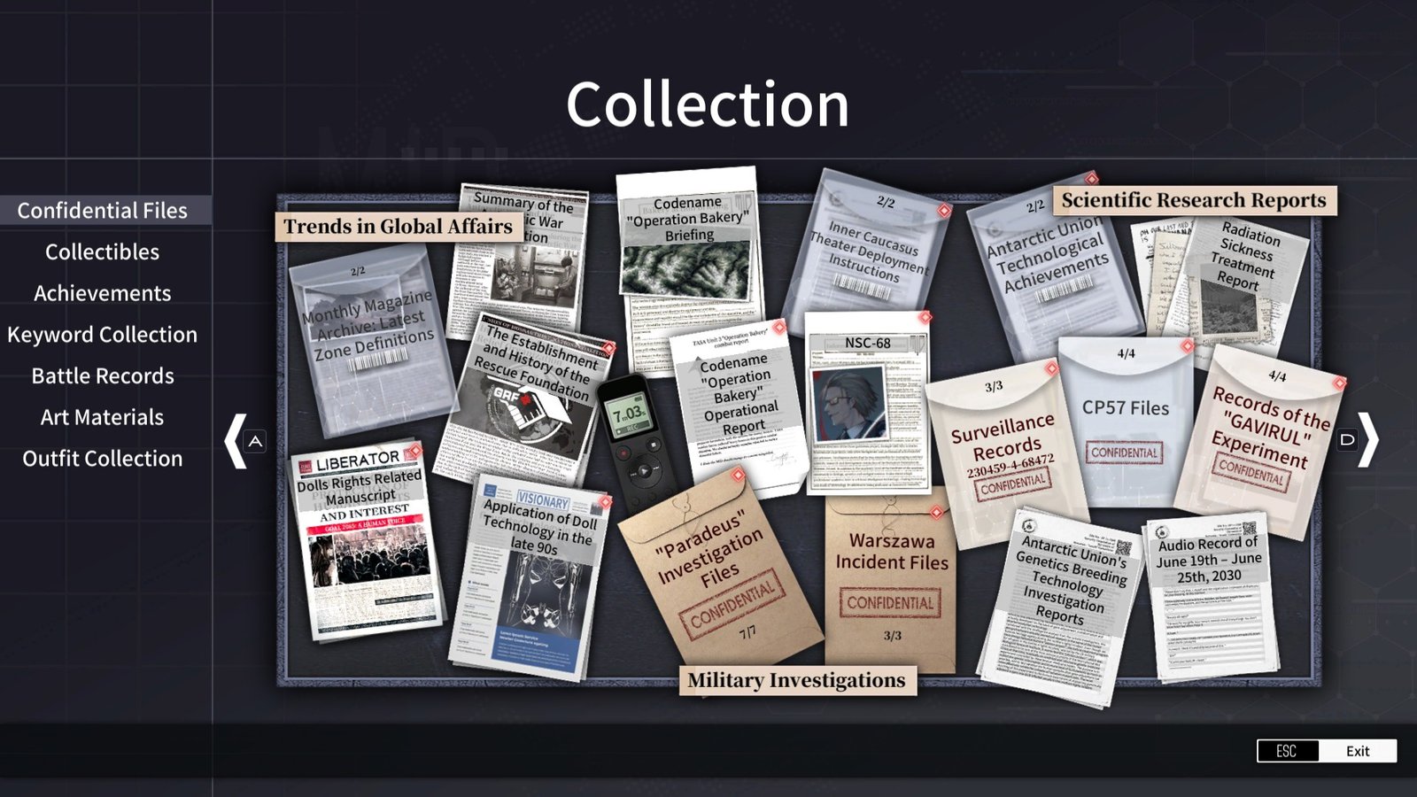 The collection board in Reverse Collapse: Code Name Bakery featuring pinned confidential files and military investigation reports.