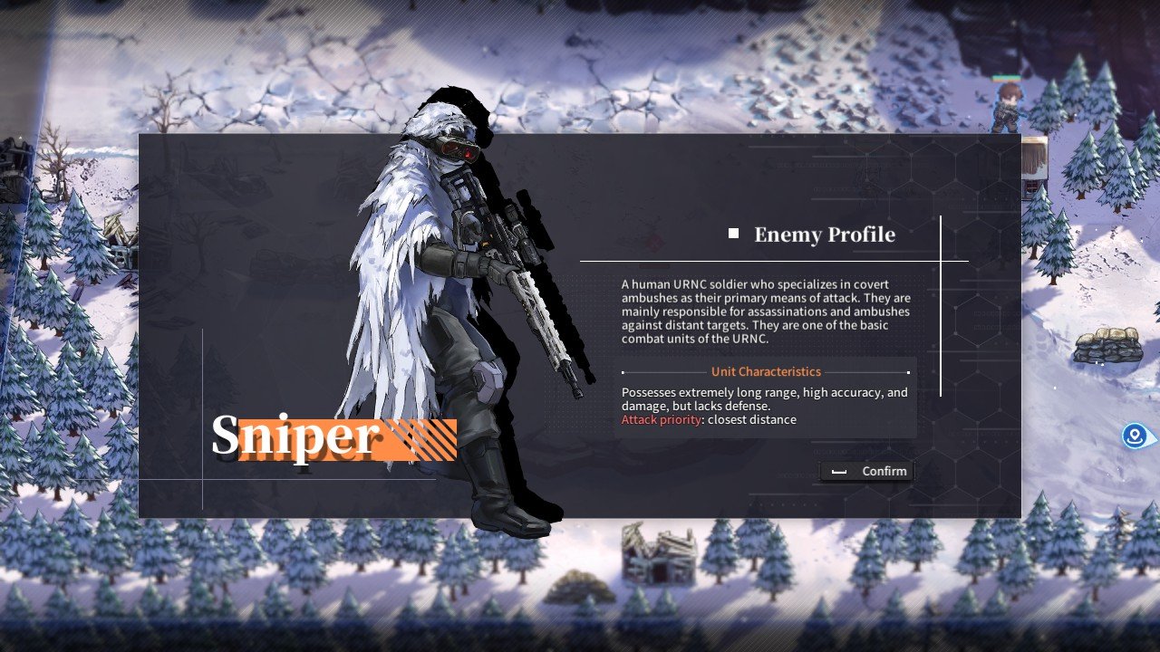 Detailed stats for a sniper unit found in the enemy profile menu of Reverse Collapse: Code Name Bakery.