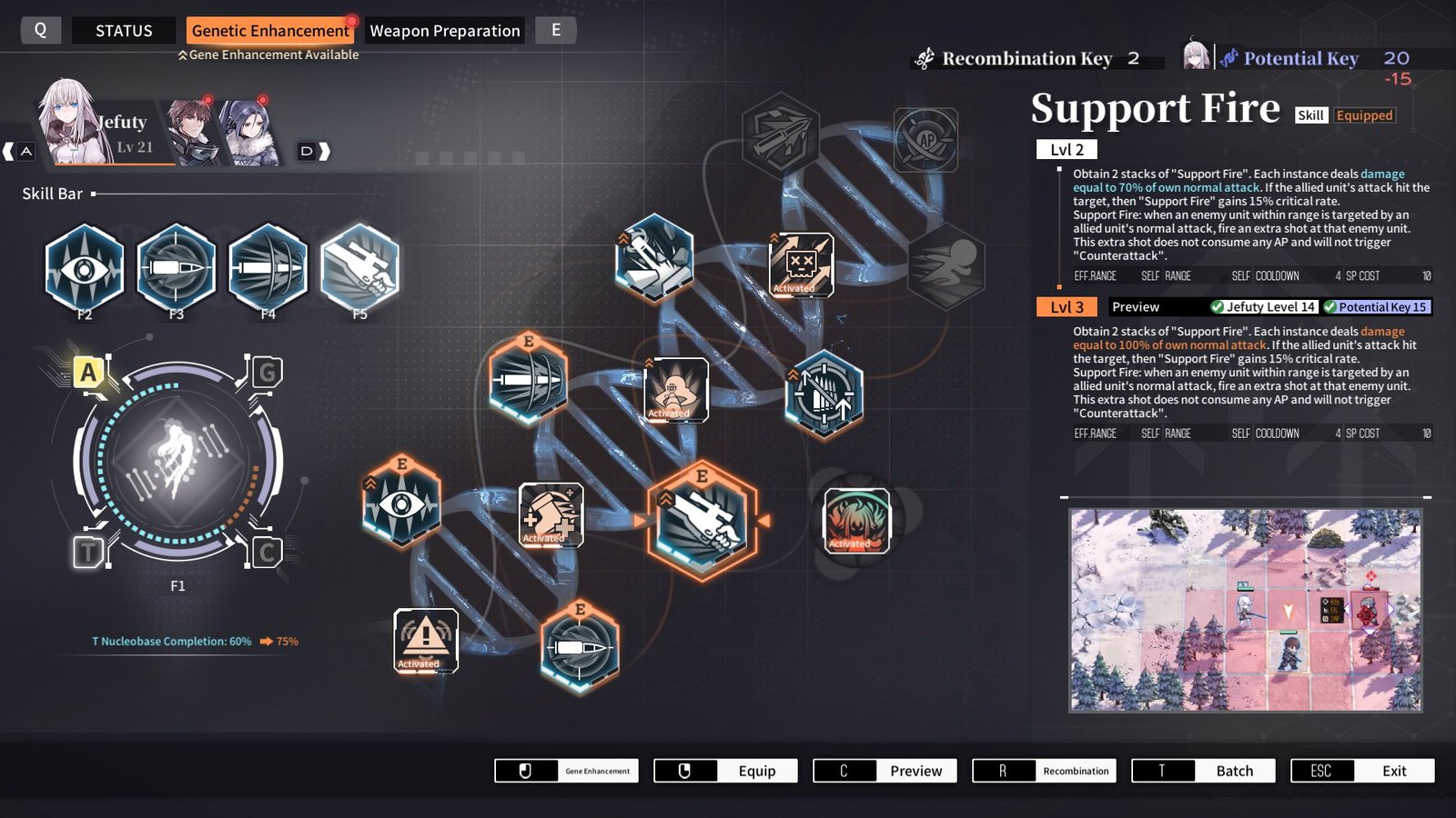 Upgrading character skills in the gene enhancement tree of Reverse Collapse: Code Name Bakery.