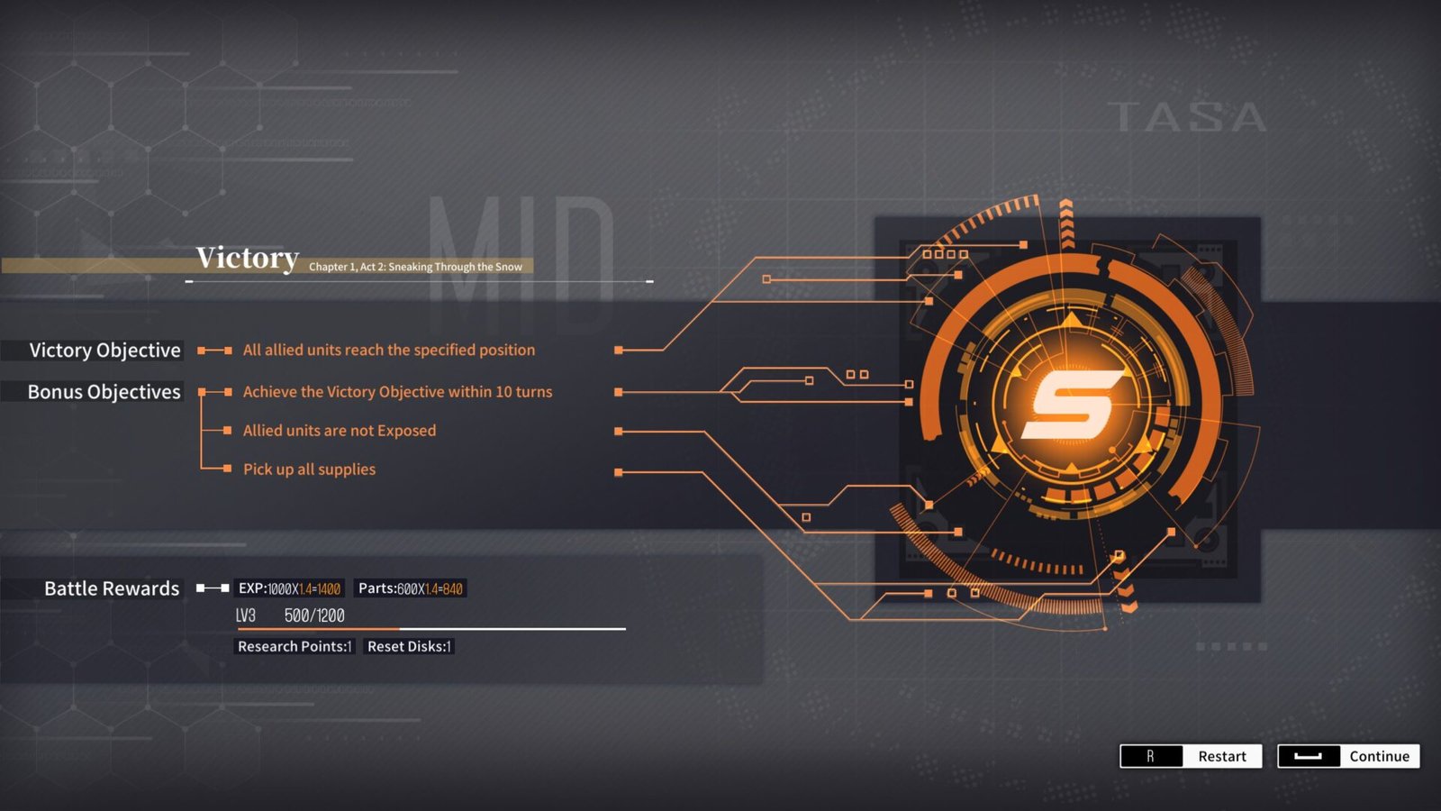 A mission clear screen in Reverse Collapse: Code Name Bakery showing an S-Rank victory and battle rewards.