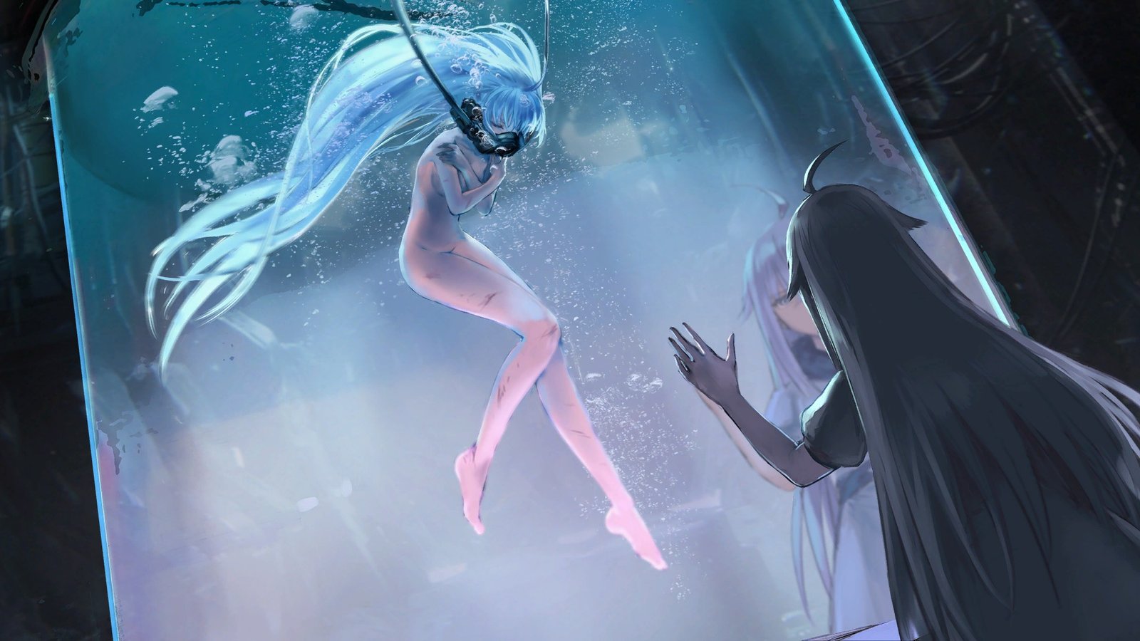 A cinematic illustration from Reverse Collapse: Code Name Bakery showing Jefuty touching a laboratory stasis tank.