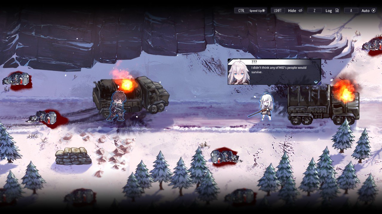 An opening mission scene in Reverse Collapse: Code Name Bakery featuring burning military trucks.