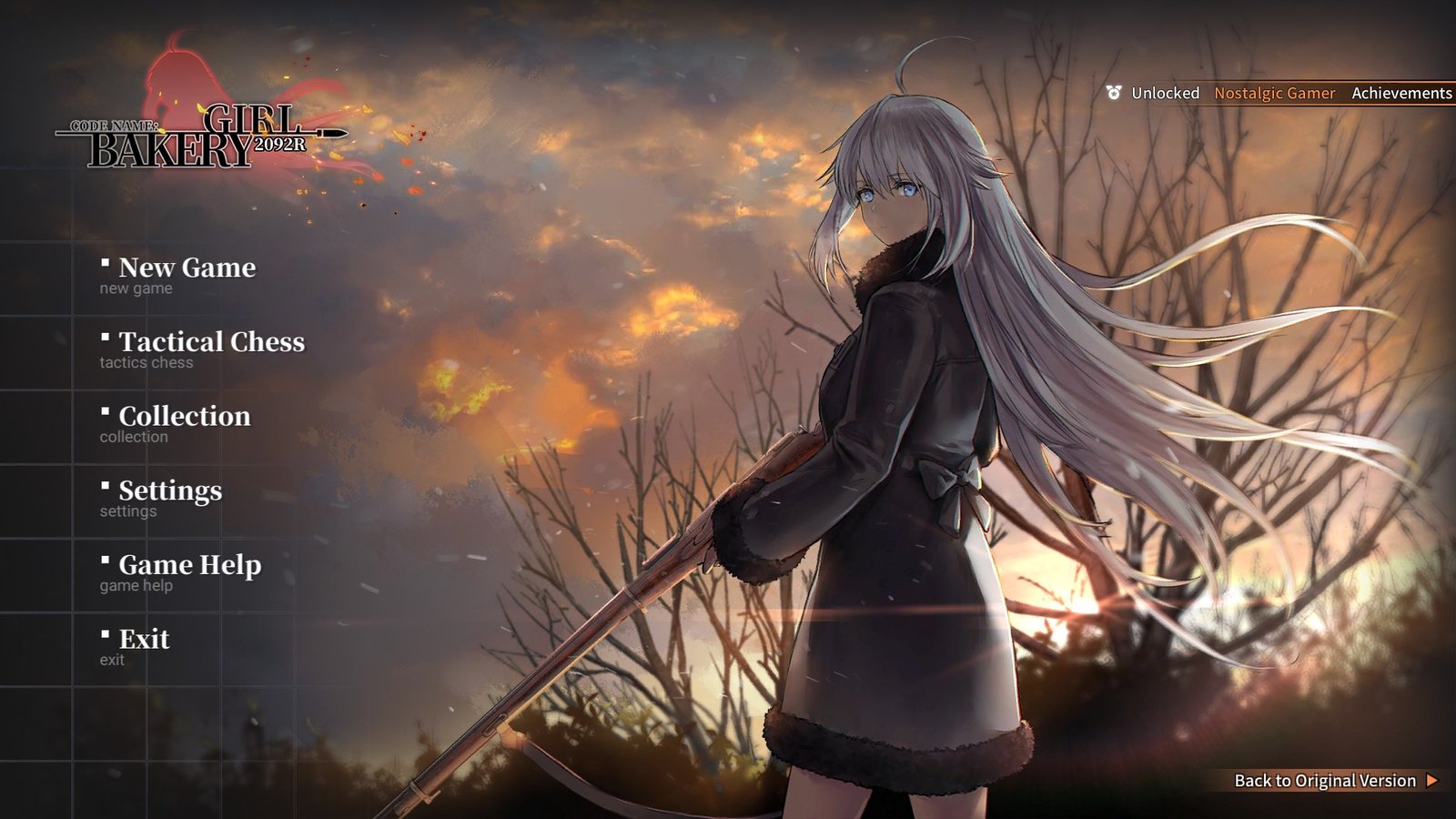 The main menu for the 2029R mode in Reverse Collapse: Code Name Bakery featuring Jefuty at sunset.