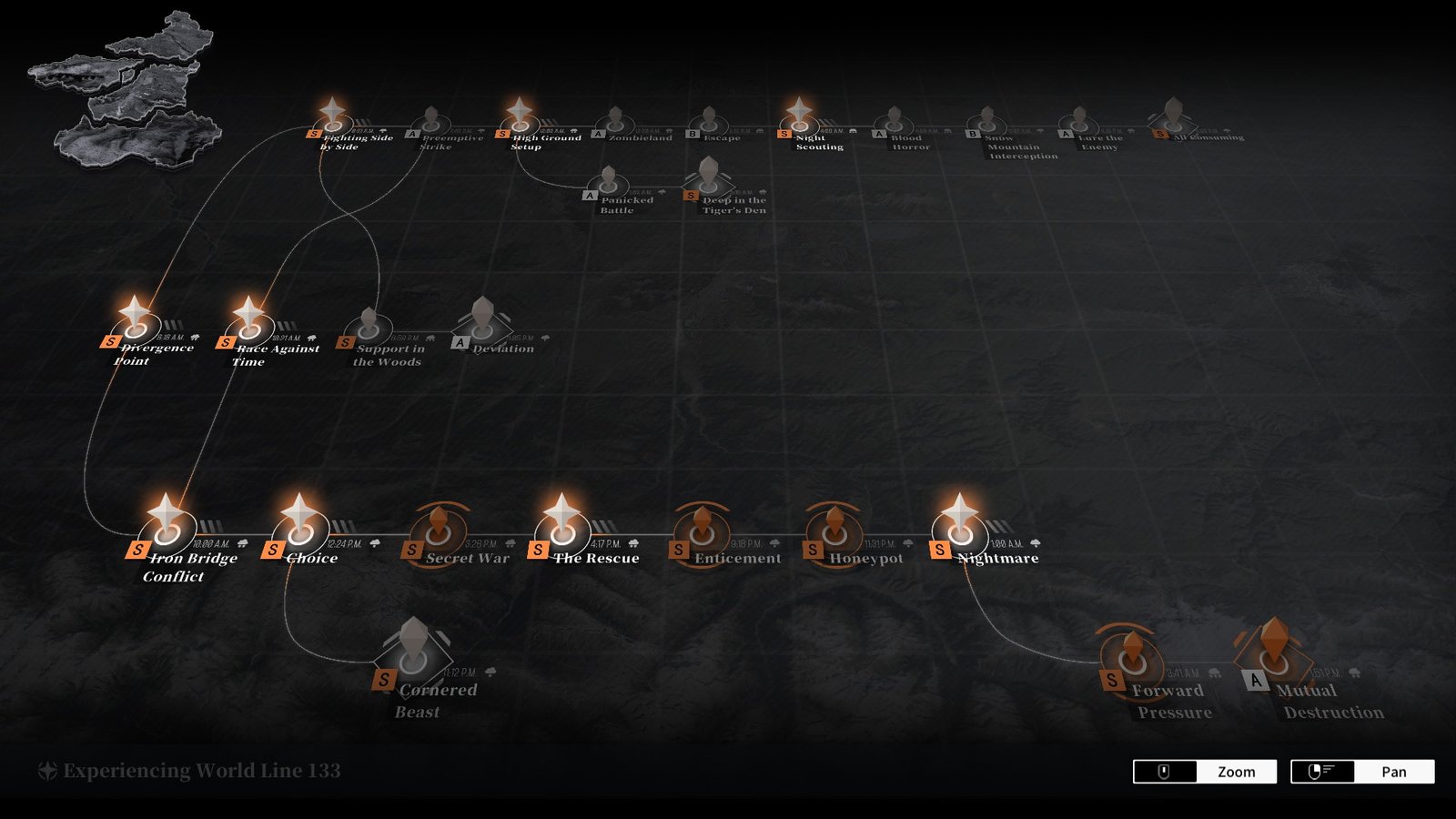The backtrack mission map in Reverse Collapse: Code Name Bakery showing branching narrative paths and mission ranks.