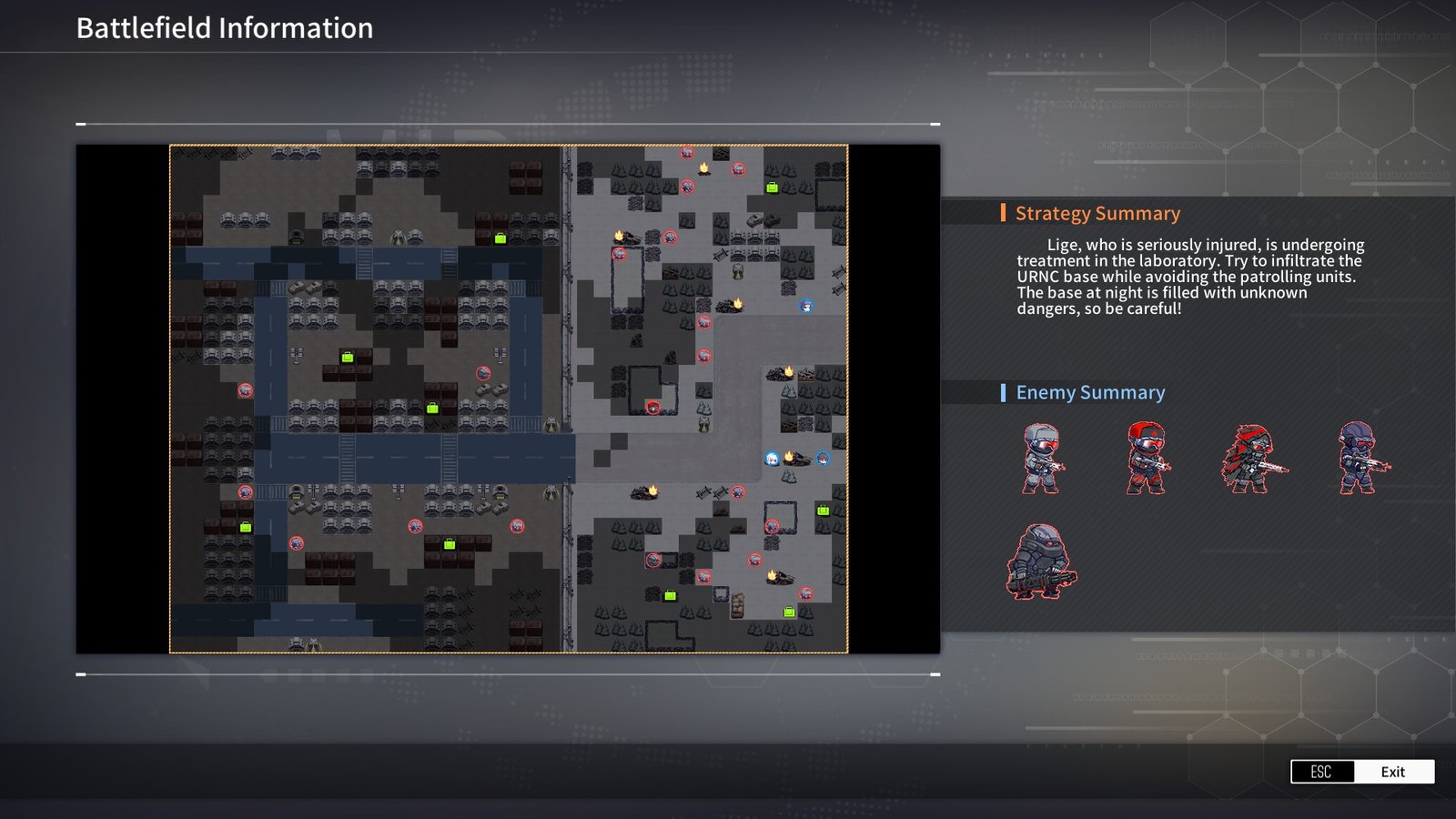 The battlefield information map in Reverse Collapse: Code Name Bakery showing enemy positions and mission summaries.