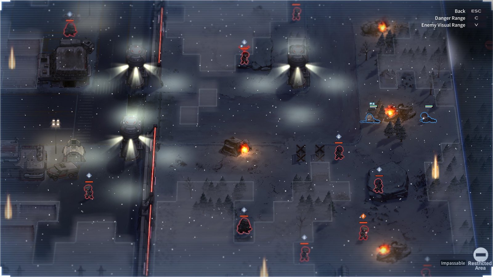 A tactical stealth map in Reverse Collapse: Code Name Bakery showing searchlights and unit vision ranges in a dark forest.