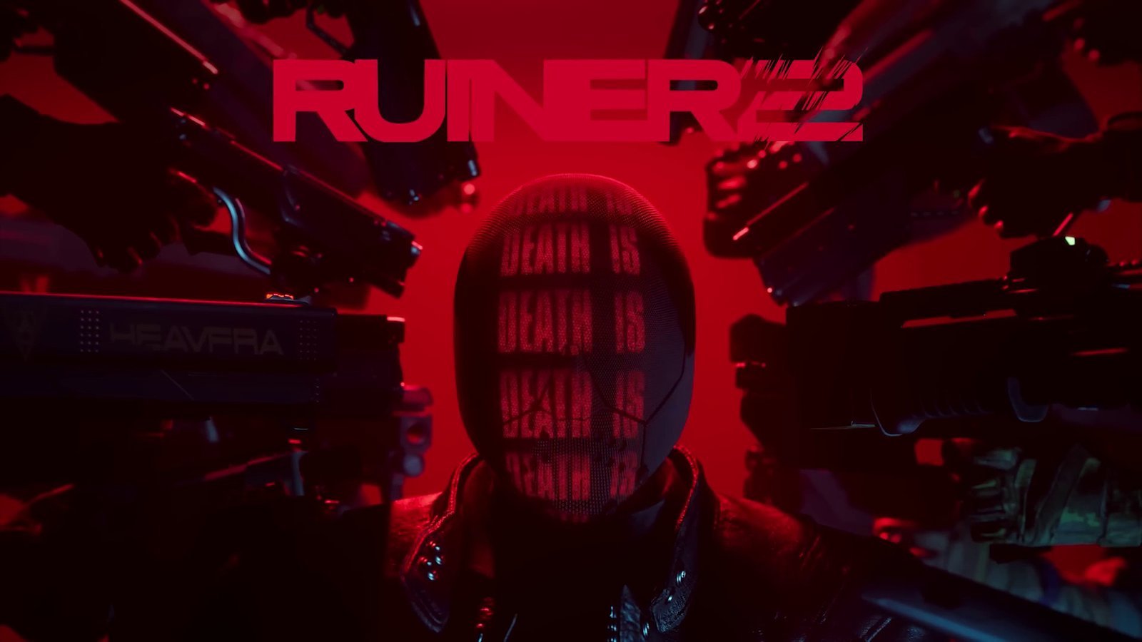 Protagonist in a red cyberpunk standoff from the RUINER 2 announcement trailer.